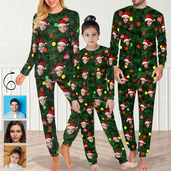 Personalized Family Matching Long Sleeve Pajamas Set Custom Face Christmas Green Nightwear