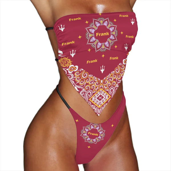Custom Name Red Vintage Bikini Personalized Two Piece Swimsuit Strap Self Tie Bikini Set