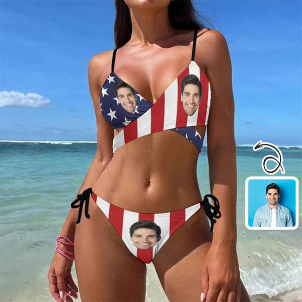 Custom Face American Flag Bikini Personalized Two Piece Swimsuit Summer Beach Pool Outfits