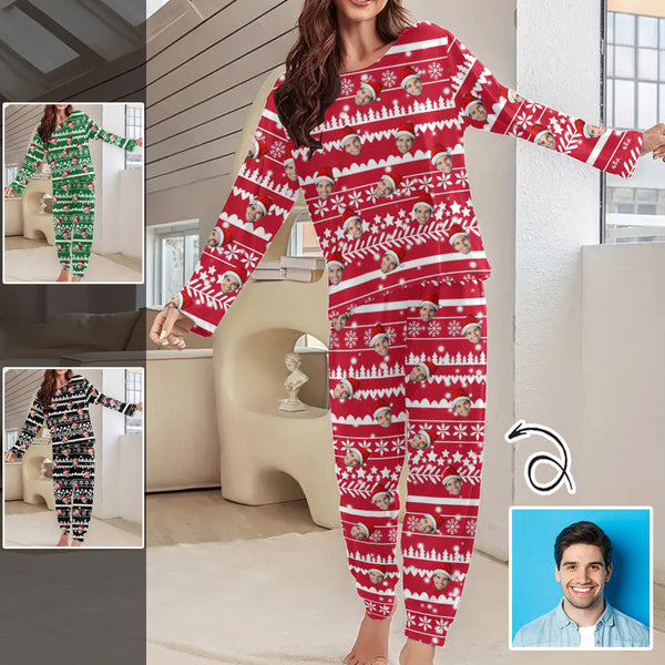 Custom Face Christmas Pattern Women's Long Sleeve Pajamas Set Personalized Crewneck Sleepwear