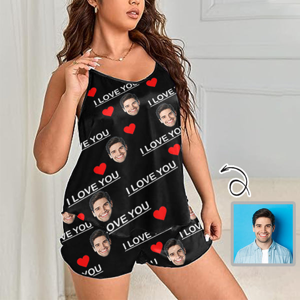 Personalized Pajama Set Custom Husband Face Sleeveless Nightshirt With Red Love & I Love You Women's Slumber Party Sexy Cami Pajamas Set