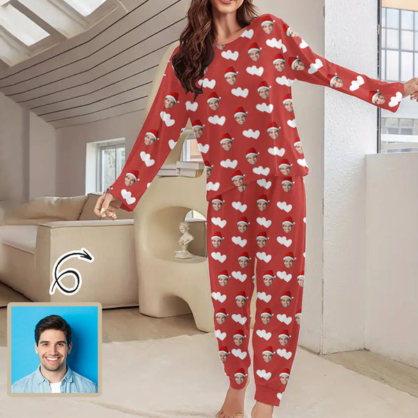 Custom Face Love Heart Women's Long Sleeve Pajamas Set Personalized Crewneck Sleepwear
