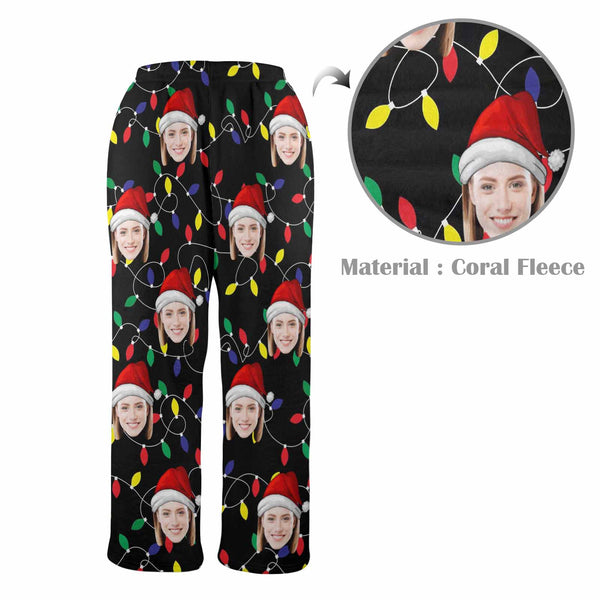 Personalized Coral Fleece Pajama Pants Custom Face Light Bulbs Christmas Hat Warm Comfortable Pajama Trousers Bottoms for Couple