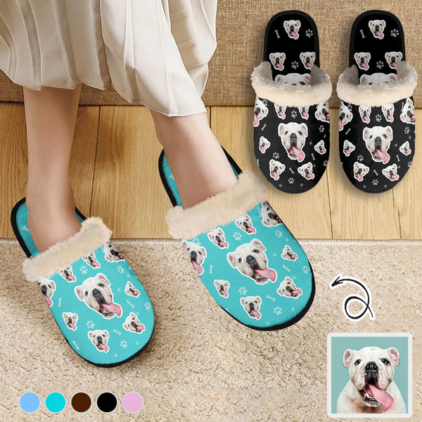 Personalized Fuzzy Slippers for Women and Men Custom Dog Face Multicolor Santa Hat Non-Slip Slippers Warm House Shoes