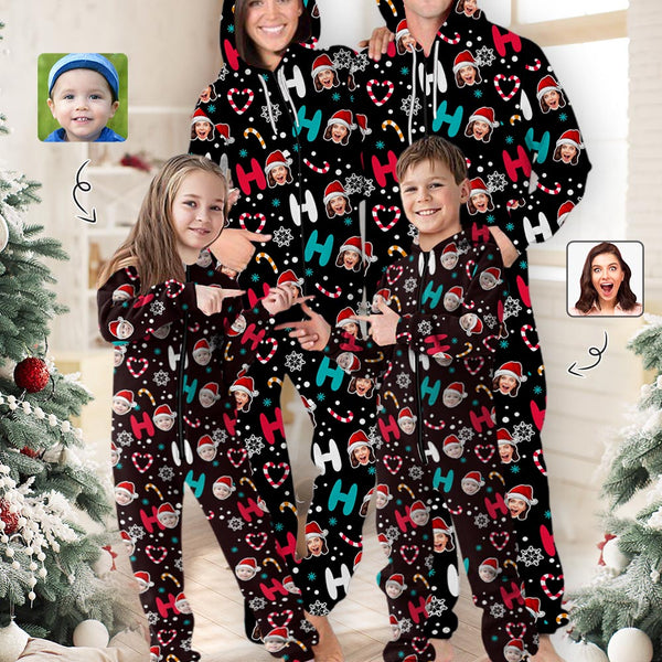Personalized Hooded Onesie for Family Custom Face Christmas Ho Ho Ho Zip Jumpsuits with Pocket One-piece Pajamas for Adult kids