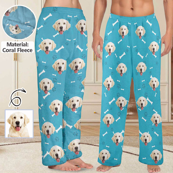 Personalized Coral Fleece Pajama Pants Custom Pet Face Bone Paw Warm Comfortable Pajama Trousers Bottoms for Couple