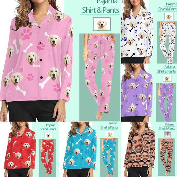 Custom Pet Face Foot Print Women's Pajama Shirt&Pants Personalized Long Sleepwear