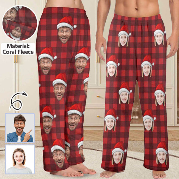 Personalized Coral Fleece Pajama Pants Custom Face Red Plaid Warm Comfortable Pajama Trousers Bottoms for Couple