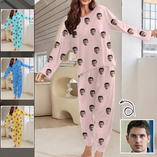 Custom Face Multicolor Women's Long Sleeve Pajamas Set Personalized Crewneck Sleepwear