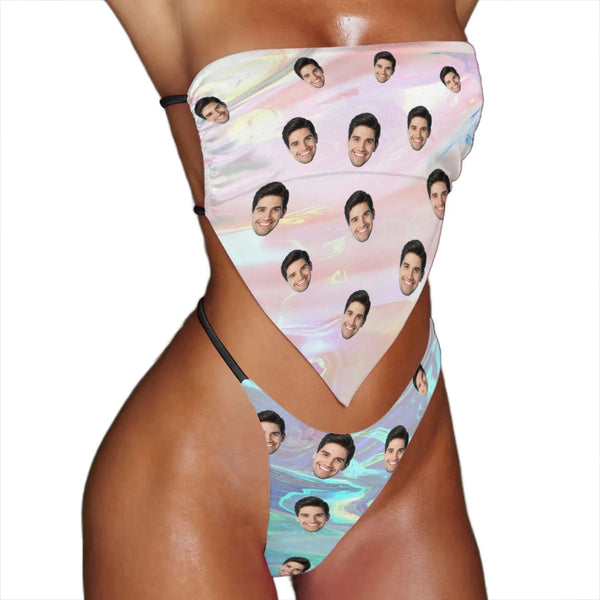 Custom Face Colorful Bikini Personalized Two Piece Swimsuit Strap Self Tie Bikini Set