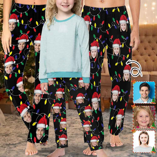 Personalized Long Pajama Pants for Men&Women Custom Face Colored Light Bulbs Christmas Santa Hats Sleepwear Slumber Party