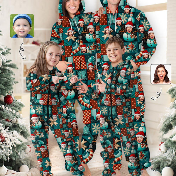 Personalized Hooded Onesie for Family Custom Face Christmas Snowman Zip Jumpsuits with Pocket One-piece Pajamas for Adult kids
