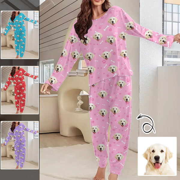 Custom Pet Face Bone & Footprint Multicolor Women's Long Sleeve Pajamas Set Personalized Crewneck Sleepwear