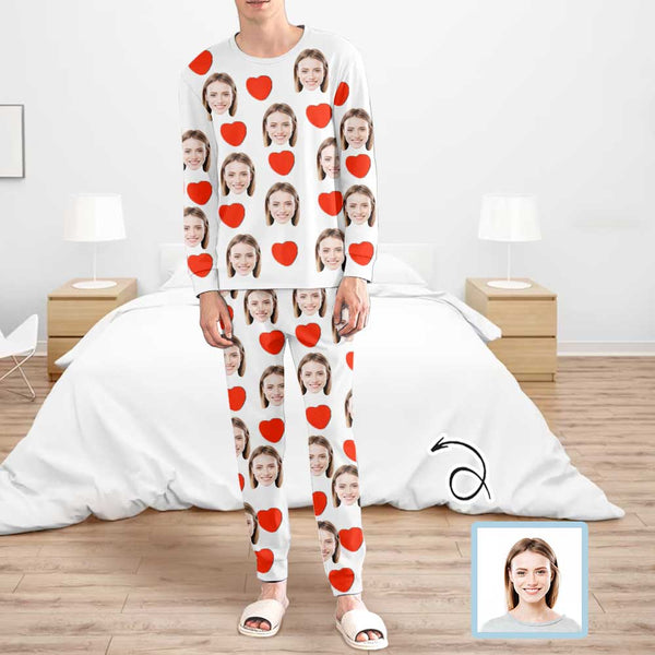 Custom Face Men's Long Sleeve Crewneck Pajamas Set Love Heart Personalized Sleepwear Sets