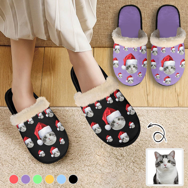 Personalized Fuzzy Slippers for Women and Men Custom Pet Face Santa Hat Non-Slip Slippers Warm House Shoes