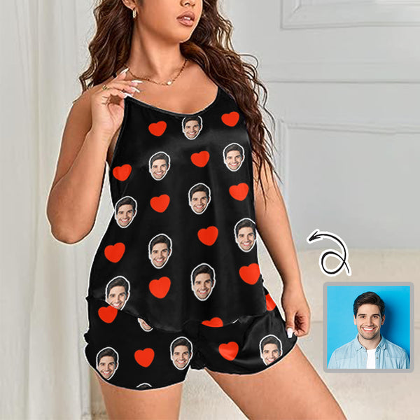 Personalized Pajama Set Custom Husband Face Cami Pajamas With Love Black Women's Sleepwear Set Honeymoon Gift
