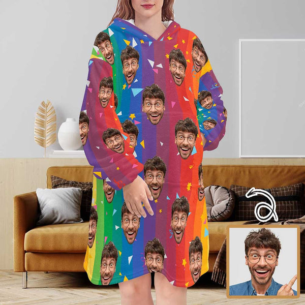 Custom Face Colorful Adults Blanket Hoodie Unisex Personalized Wearable Oversized Fleece Blanket Hoodie