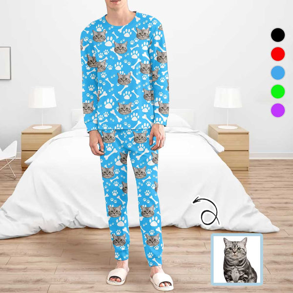 Custom Face Men's Long Sleeve Crewneck Pajamas Set Cat's Footprints Personalized Sleepwear Sets