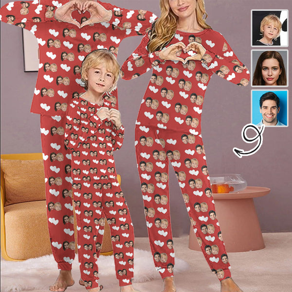 Personalized Family Matching Long Sleeve Pajamas Set Custom Face Love Heart Red Pajamas Nightwear