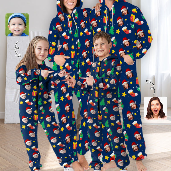 Personalized Hooded Onesie for Family Custom Face Christmas Zip Jumpsuits with Pocket One-piece Pajamas for Adult kids