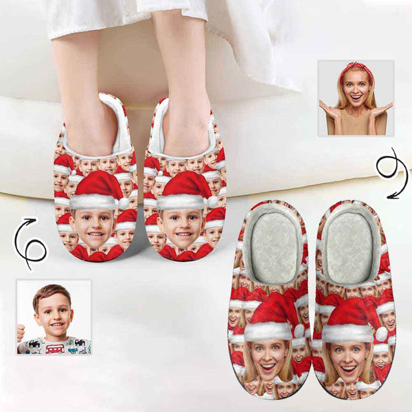 Personalized Slippers for Adult&Kids Custom Face Santa Hat Christmas Cotton Slippers Non-Slip Warm