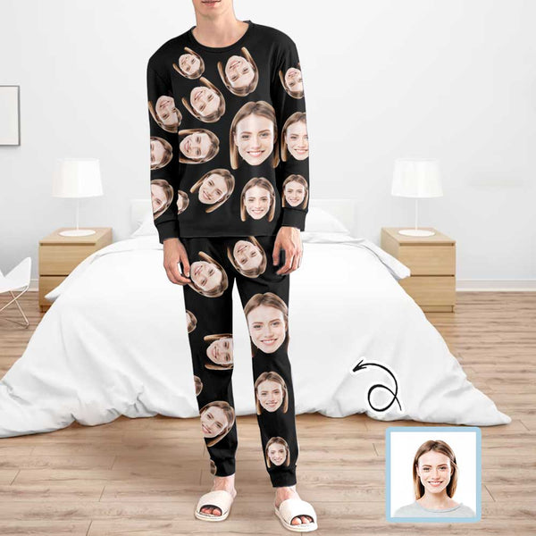 Custom Face Men's Long Sleeve Crewneck Pajamas Set Black Personalized Sleepwear Sets
