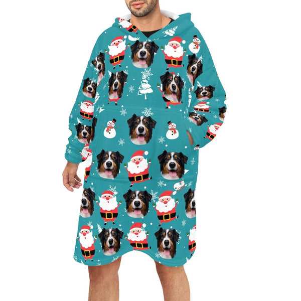 Custom Face Santa Claus Adults Blanket Hoodie Unisex Personalized Wearable Oversized Fleece Blanket Hoodie