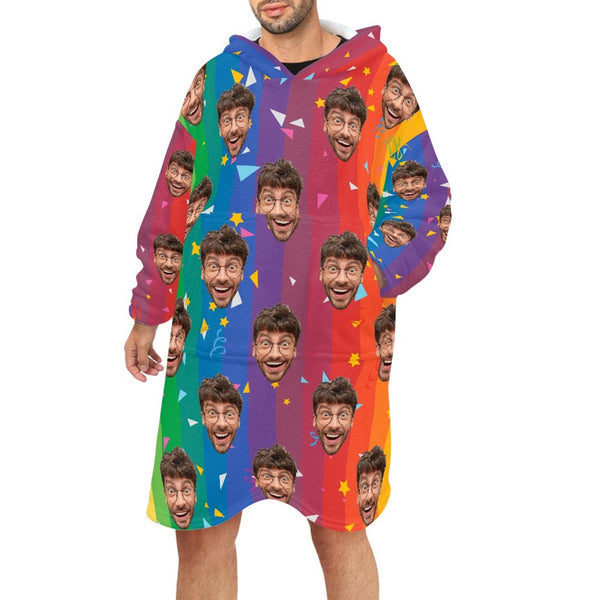 Custom Face Colorful Adults Blanket Hoodie Unisex Personalized Wearable Oversized Fleece Blanket Hoodie