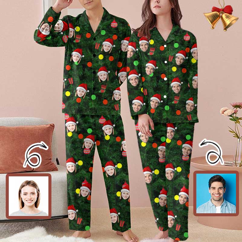 Personalized Couple Matching Long Pajama Set Custom Face Christmas Gre