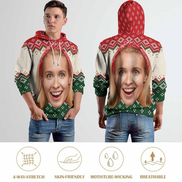 Custom Big Face Red&Green Unisex Loose Hoodie Personalized Hooded Pullover Top