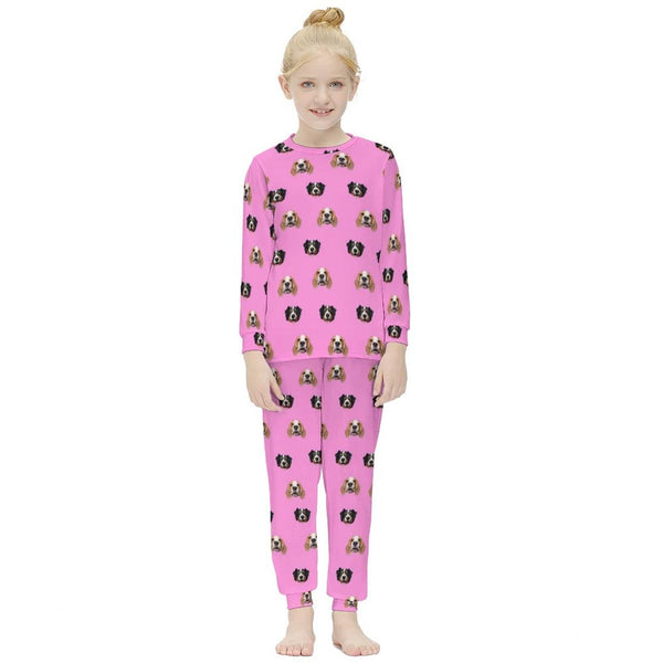 Personalized Kid's Long Sleeve Pajamas Set for 6-12Y Custom Pet Face Pink Nightwear
