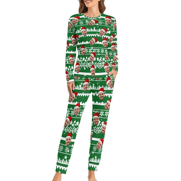 Custom Face Christmas Pattern Women's Long Sleeve Pajamas Set Personalized Crewneck Sleepwear