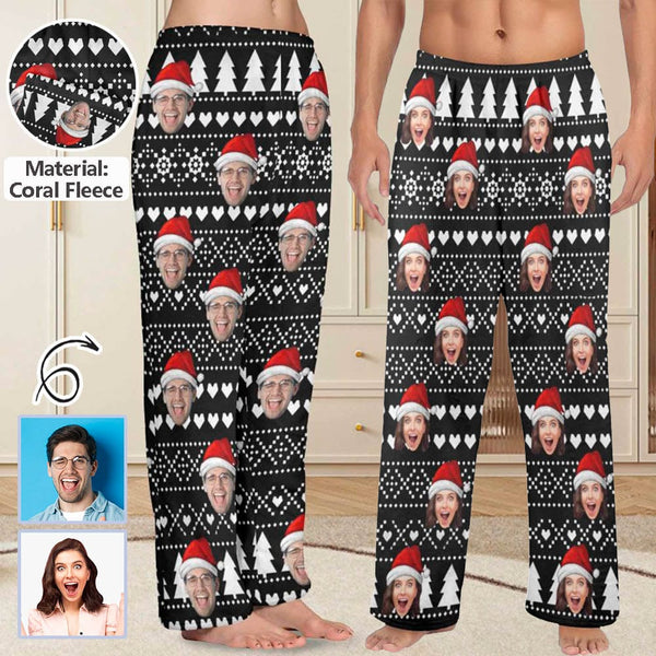 Personalized Coral Fleece Pajama Pants Custom Face Black Christmas Background Red Hat Warm Comfortable Pajama Trousers Bottoms for Couple