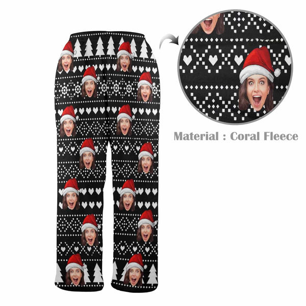 Personalized Coral Fleece Pajama Pants Custom Face Black Christmas Background Red Hat Warm Comfortable Pajama Trousers Bottoms for Couple