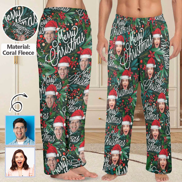 Personalized Coral Fleece Pajama Pants Custom Face Christmas Red Beans Print Warm Comfortable Pajama Trousers Bottoms for Couple