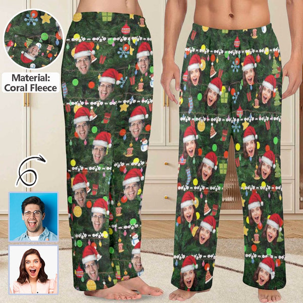 Personalized Coral Fleece Pajama Pants Custom Face Christmas Red Hat Tree Trinkets Warm Comfortable Pajama Trousers Bottoms for Couple
