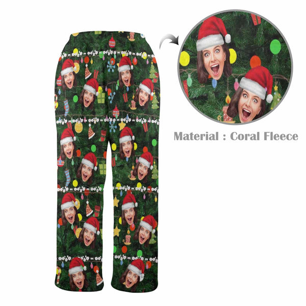 Personalized Coral Fleece Pajama Pants Custom Face Christmas Red Hat Tree Trinkets Warm Comfortable Pajama Trousers Bottoms for Couple