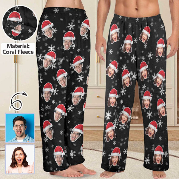 Personalized Coral Fleece Pajama Pants Custom Face Christmas Snowflake Warm Comfortable Pajama Trousers Bottoms for Couple