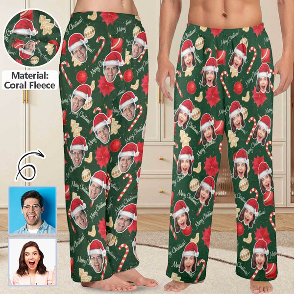 Personalized Coral Fleece Pajama Pants Custom Face Christmas Sticks Red Hat Warm Comfortable Pajama Trousers Bottoms for Couple