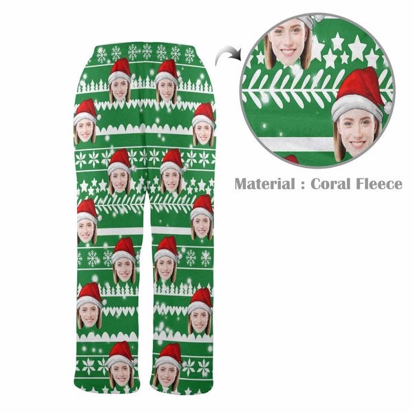 Personalized Coral Fleece Pajama Pants Custom Face Green Christmas Hat Warm Comfortable Pajama Trousers Bottoms for Couple