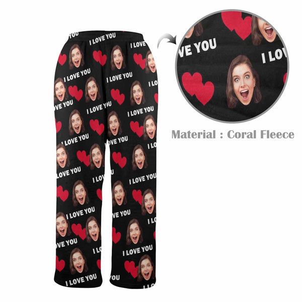 Personalized Coral Fleece Pajama Pants Custom Face Heart Lover Print Warm Comfortable Pajama Trousers Bottoms for Couple