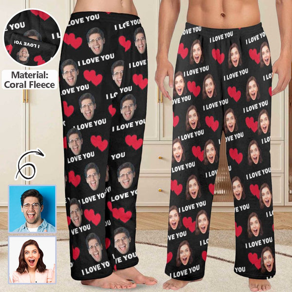 Personalized Coral Fleece Pajama Pants Custom Face Heart Lover Print Warm Comfortable Pajama Trousers Bottoms for Couple