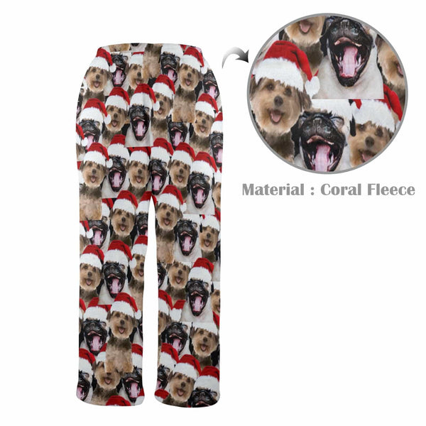 Personalized Coral Fleece Pajama Pants Custom Face Pet Christmas Red Hat Warm Comfortable Pajama Trousers Bottoms for Couple