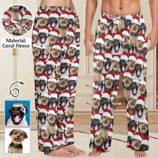 Personalized Coral Fleece Pajama Pants Custom Face Pet Christmas Red Hat Warm Comfortable Pajama Trousers Bottoms for Couple