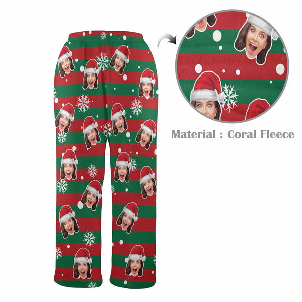 Personalized Coral Fleece Pajama Pants Custom Face Red And Green Christmas Snowflake Warm Comfortable Pajama Trousers Bottoms for Couple