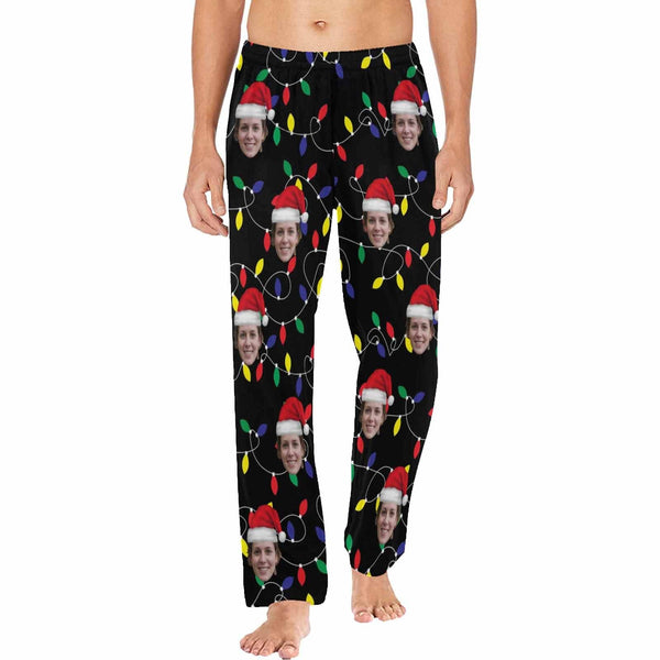 Personalized Long Pajama Pants for Men&Women Custom Face Colored Light Bulbs Christmas Santa Hats Sleepwear Slumber Party