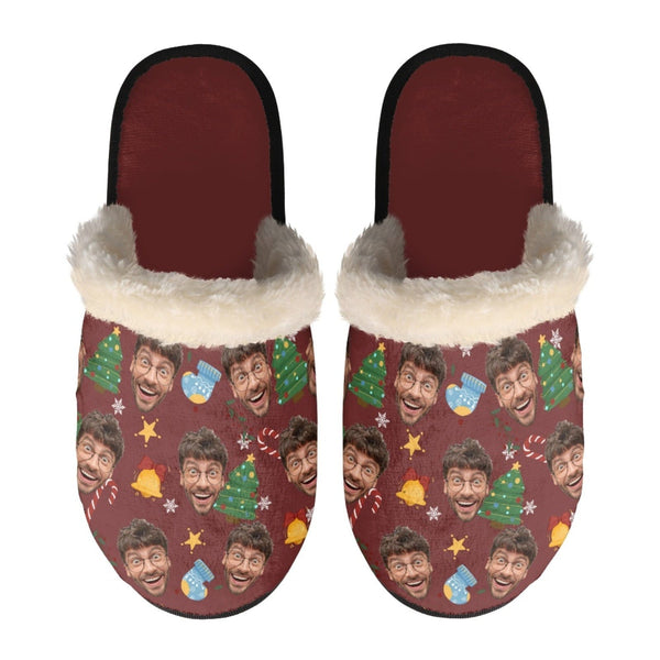 Personalized Fuzzy Slippers for Women and Men Custom Face Christmas Non-Slip Slippers Warm House Shoes
