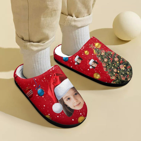 Personalized Slippers for Adult&Kids Custom Face Christmas Tree Cotton Slippers Non-Slip Warm