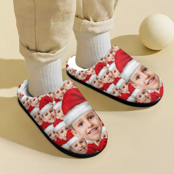 Personalized Slippers for Adult&Kids Custom Face Santa Hat Christmas Cotton Slippers Non-Slip Warm