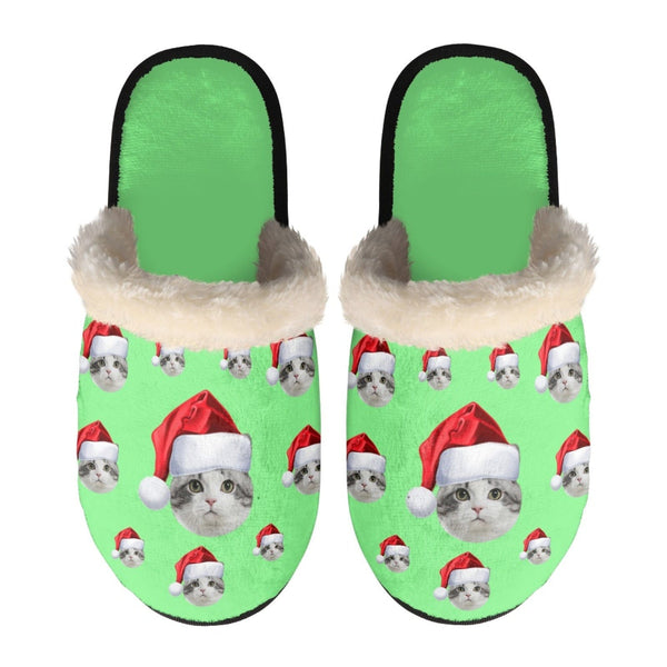 Personalized Fuzzy Slippers for Women and Men Custom Pet Face Santa Hat Non-Slip Slippers Warm House Shoes